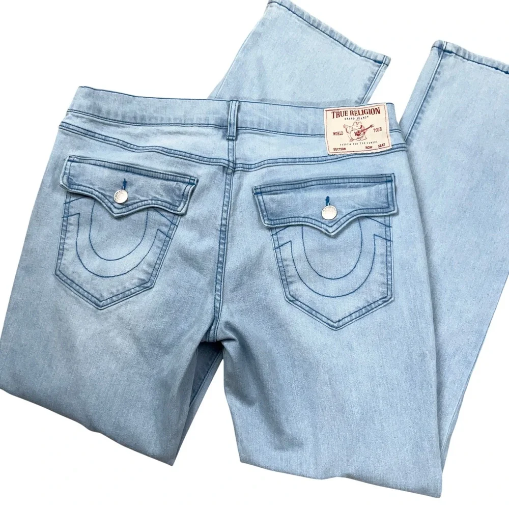 True Religion Ricky Jeans Mens 34 Blue Fade Relaxed Straight Flap Pocket Denim